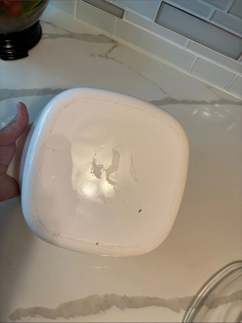 Vintage, 3 Liter Corningware White Casserole Dish with Blue Floral Pattern.